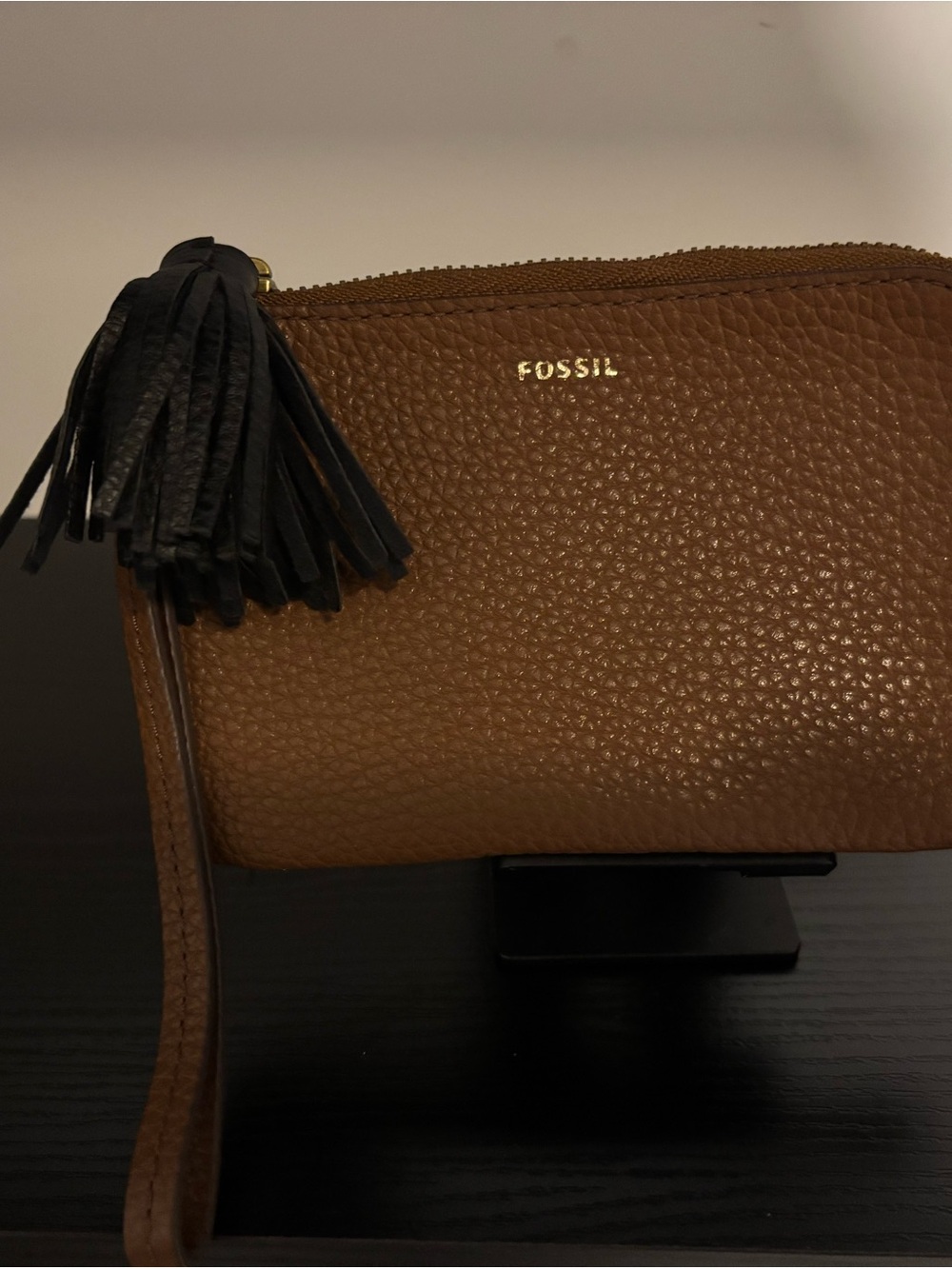 Fossil Brown Pebbled Leather Wristlet with Black Tassel